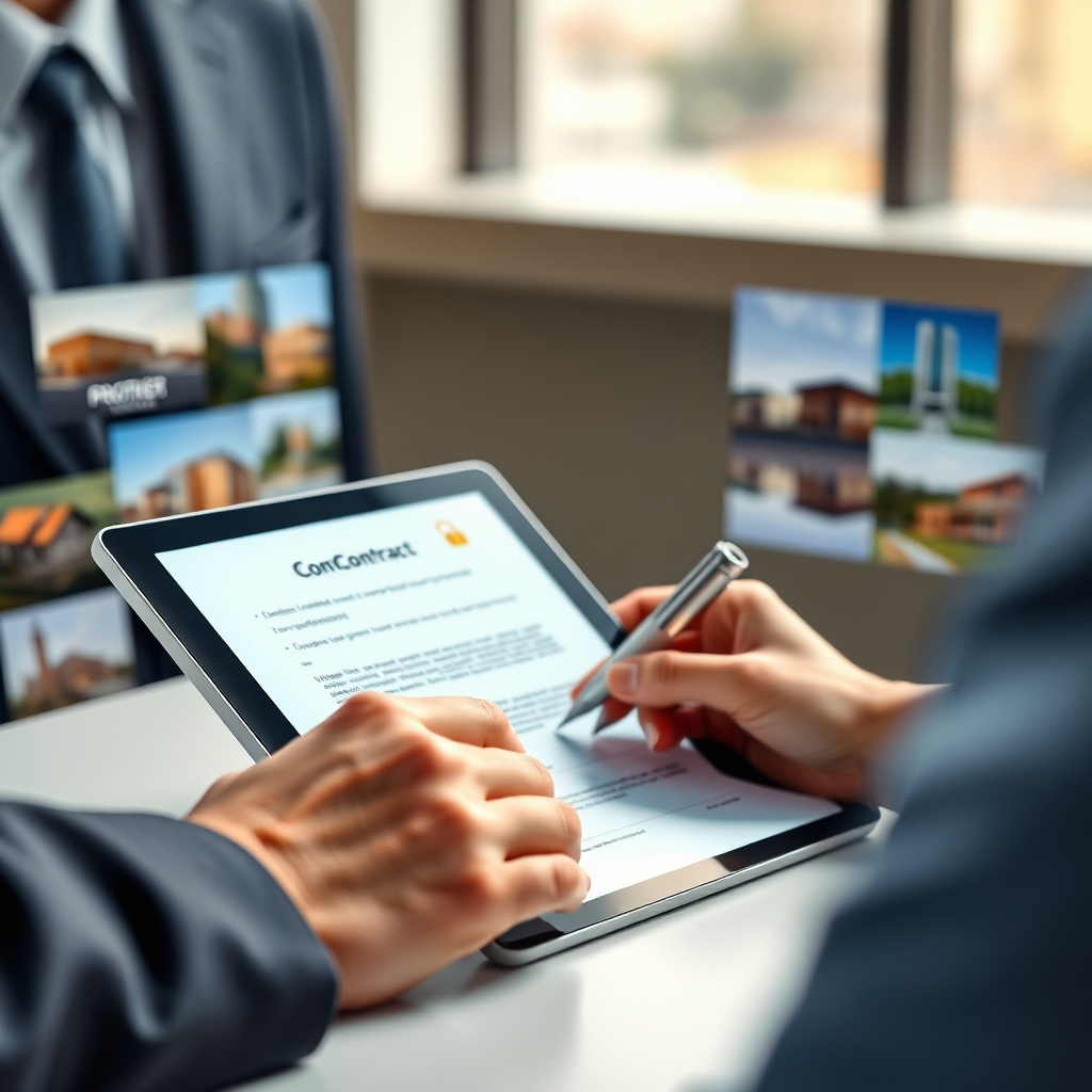 A photorealistic image of a digital contract being signed on a tablet. The tablet is surrounded by images representing various commercial projects. The lighting is professional and trustworthy, conveying a sense of security and legal compliance. The color palette is clean and modern, with a focus on clarity and transparency. The overall feeling is one of ease and convenience.