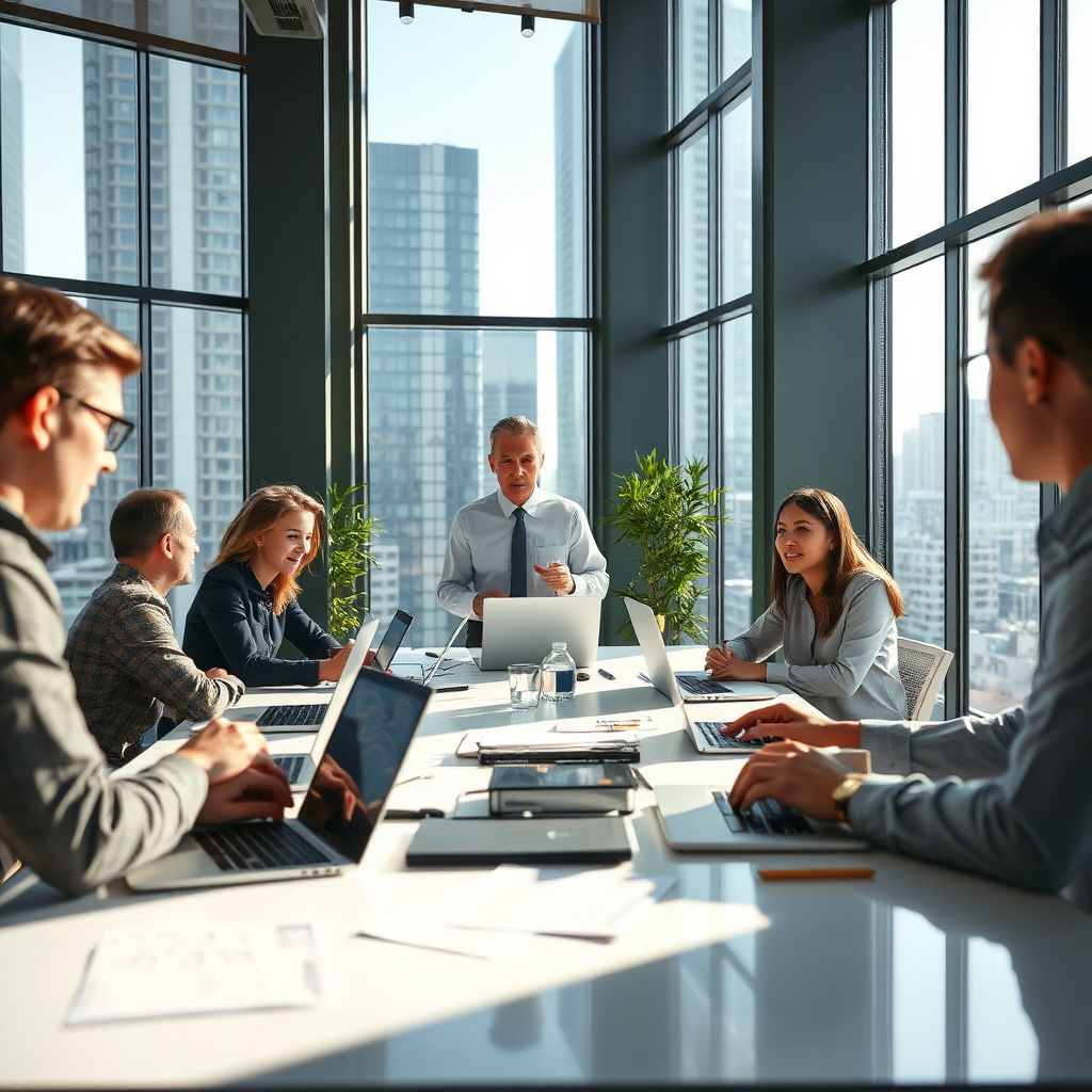 A photorealistic image of a strategic planning session with a consultant leading a discussion around a large table filled with laptops and documents. The environment showcases a modern office with a city view, while soft daylight streams in from large windows, conveying a fresh and vibrant atmosphere.