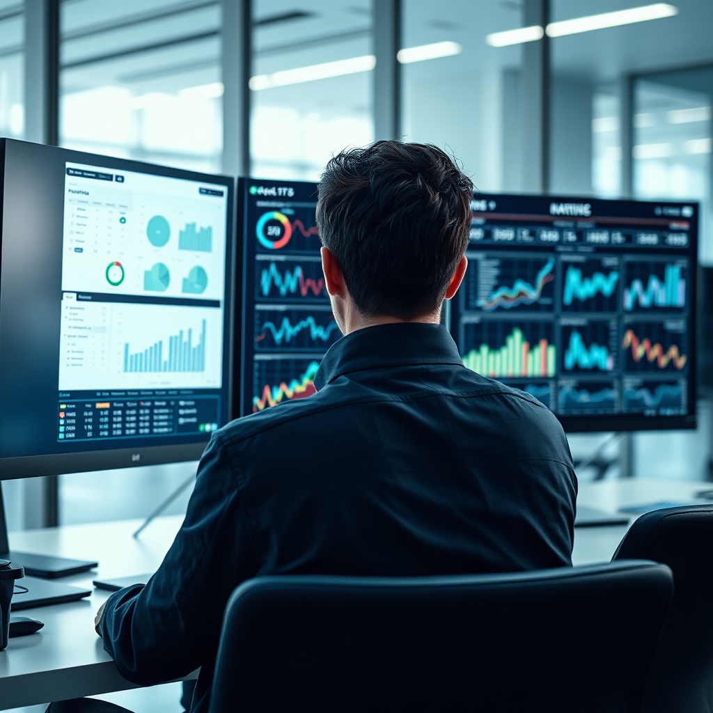 A photorealistic image showing a consultant analyzing processes and data charts on dual monitors in a modern office. The environment is sleek and professional, with a focus on high-tech displays. The color scheme integrates cool tones, reflecting analytical precision, and the lighting highlights the consultant’s engaging focus.