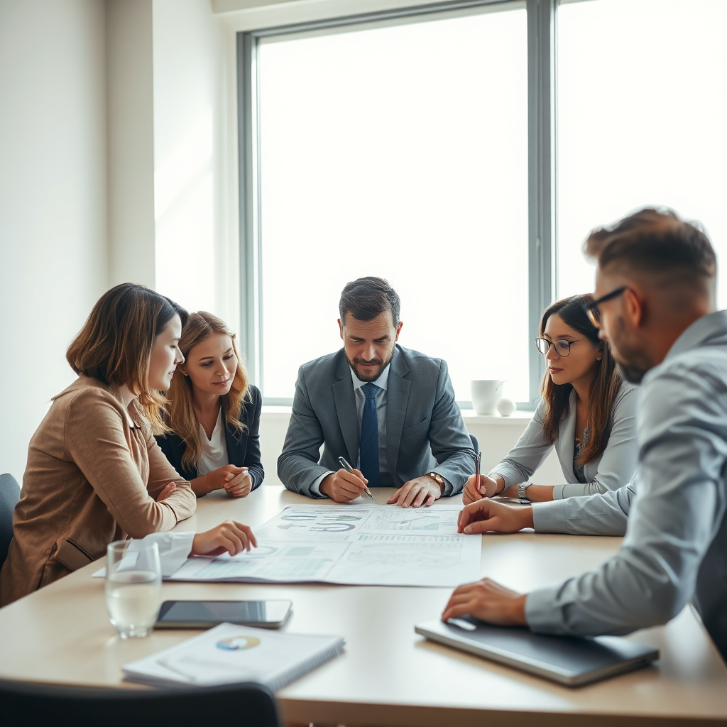 A photorealistic image showing a consultant working with a team around a table, looking over a strategic plan. Natural light enhances the space, with a light color palette instilling a positive atmosphere. Focused expressions highlight determination and teamwork, enhancing the scene.