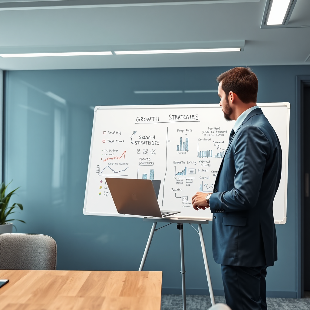 A photorealistic image showing a consultant analyzing data on a laptop while standing at a whiteboard filled with growth strategies and ideas. The office setting is modern, with a soothing color palette of blues and greys, and the lighting is bright and focused. The consultant is wearing formal attire, reflecting professionalism, and the atmosphere conveys a sense of seriousness coupled with innovation.