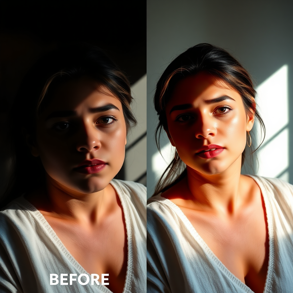 A split-screen image showing a photograph before and after professional editing. The 'before' image is dull and lifeless, while the 'after' image is vibrant and polished. The lighting is dramatic, highlighting the transformative power of image editing. The color palette is carefully balanced and optimized, showcasing the artistry of our editing services. The overall feeling is one of improvement and enhancement.