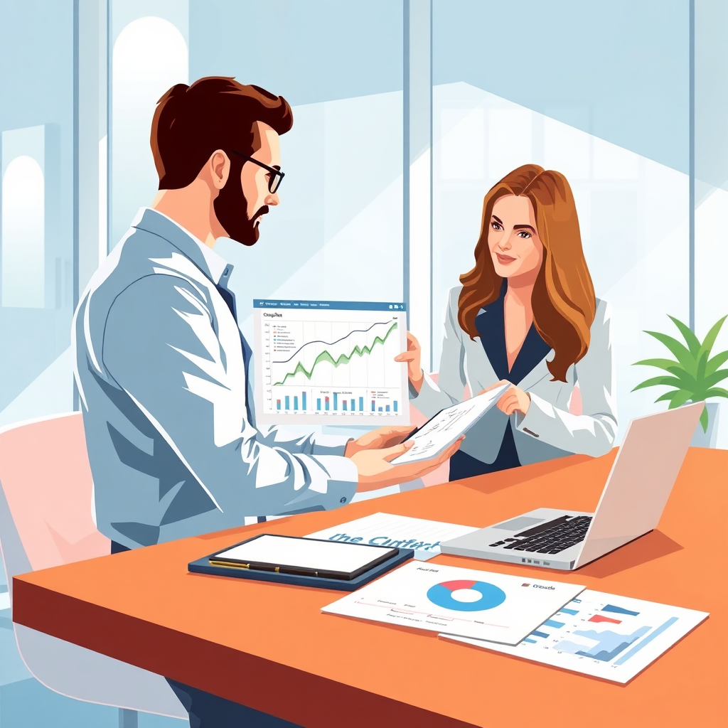 A stylized image illustrates a consultant using a laptop to present a competitive analysis to a corporate client. Bright lighting creates an inviting atmosphere, and the office space is elegantly furnished, emphasizing professionalism. Charts and reports on the desk underline the analytical aspect of consulting.