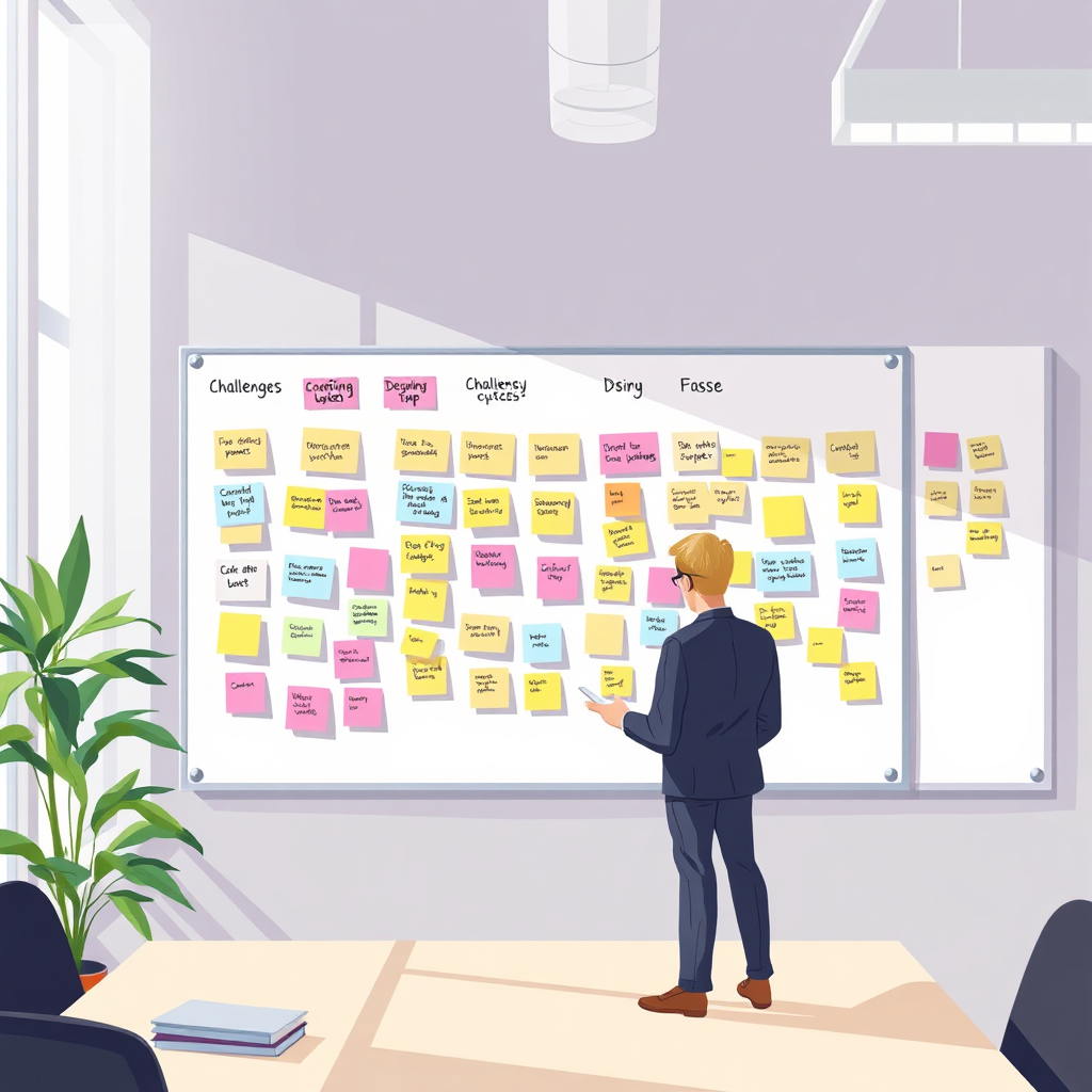 A stylized image illustrating a consultant brainstorming in front of a wall filled with sticky notes categorizing challenges. The lighting is bright, emphasizing clarity, while a colorful array of notes creates vibrancy. The setting is an informal, open workspace that fosters creativity.