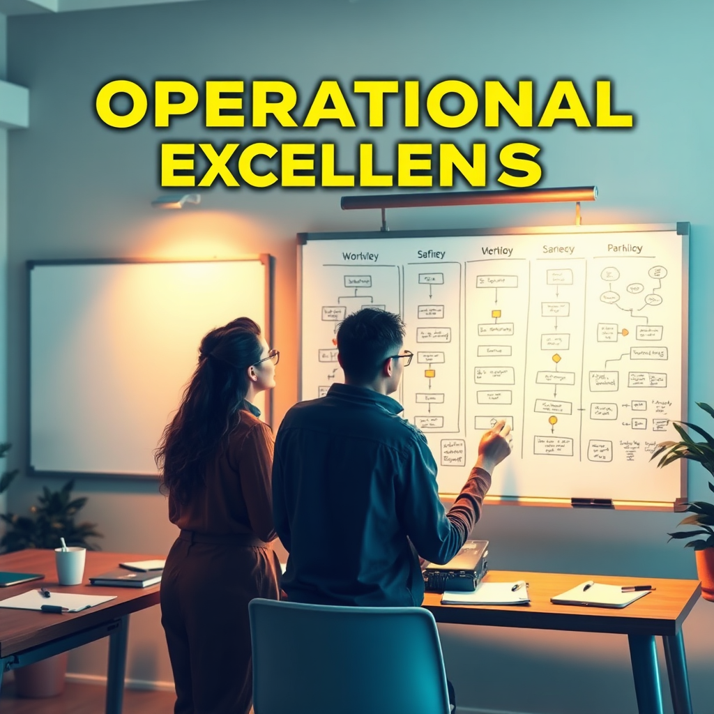 A stylized image reflecting operational excellence, showcasing a team analyzing workflows on a whiteboard filled with diagrams in a bright and collaborative workspace. The warm lighting amplifies the positive environment while key props like markers and notepads add to the creative scene.
