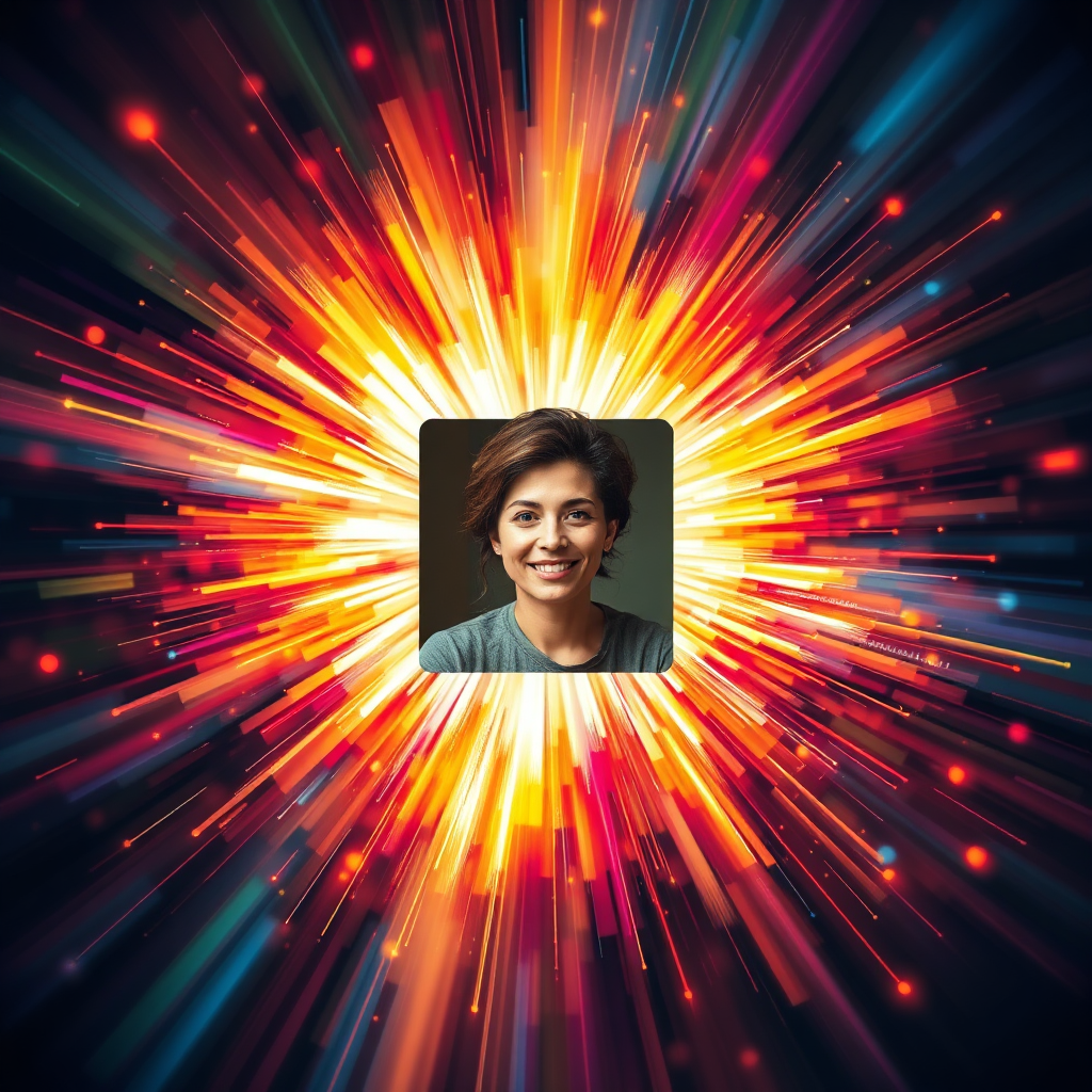 A stylized image representing a burst of creative energy emanating from a central image. The central image should be a high-quality photograph, surrounded by swirling patterns of light and color. The lighting is vibrant and dynamic, creating a sense of movement and excitement. The color palette is bright and diverse, reflecting the endless possibilities of creative expression. Style: a modern, abstract interpretation of inspiration. Include subtle nods to various art forms like photography, painting, and digital art.
