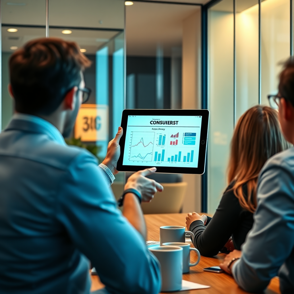 A stylized image representing the mission of Business Consulting should feature a consultant presenting a compelling business strategy on a digital tablet to a captivated audience. The scene is set in a sleek, modern office with glass walls. Warm, inviting lighting enhances the ambiance, and the focus is on the interaction between the consultant and the audience. The color palette includes soft blues and earthy tones, reflecting professionalism and trust. Relevant props like charts and coffee mugs add to the scene. This high-quality image should be in 4K resolution.