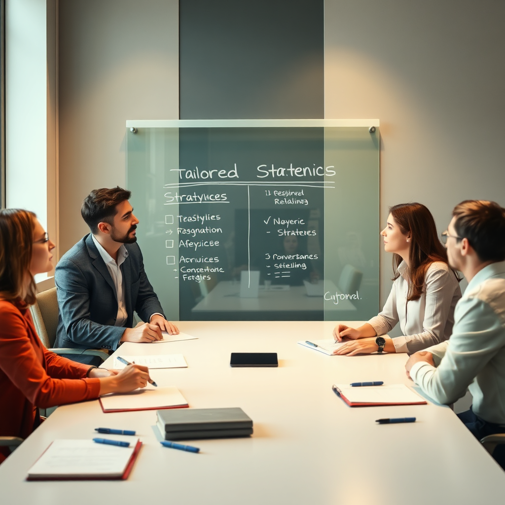 A stylized image showcasing a consultant writing tailored strategies on a glass board while a team observes with interest. The setting is contemporary, with a warm color palette emphasizing approachability. Soft, diffused lighting enhances focus on the consultant. Key props include notebooks and markers scattered around a modern conference table.