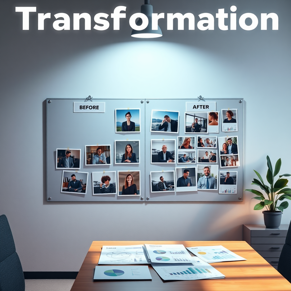 A stylized image that captures the essence of transformation, showing before-and-after snapshots pinned to a board in an office. Soft lighting underlines the significance of change, while a mix of colors represents diverse strategies. The scene includes tools of transformation, such as graphs and reports, to narrate the journey.
