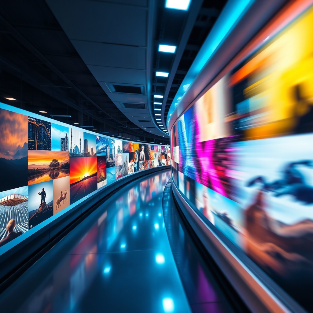 A time-lapse image showing new images being added to a digital library in real-time. The images should be diverse and visually appealing, reflecting the latest trends in photography and design. The lighting is dynamic, conveying a sense of energy and innovation. The color palette is modern and vibrant, showcasing the cutting-edge nature of our collection. The style is sleek and futuristic, emphasizing the constant evolution of our library.