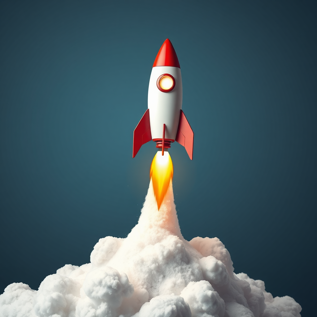 Depict a rocket soaring to the top of search engine results pages. Use visual effects to represent the optimization process and the increase in visibility.