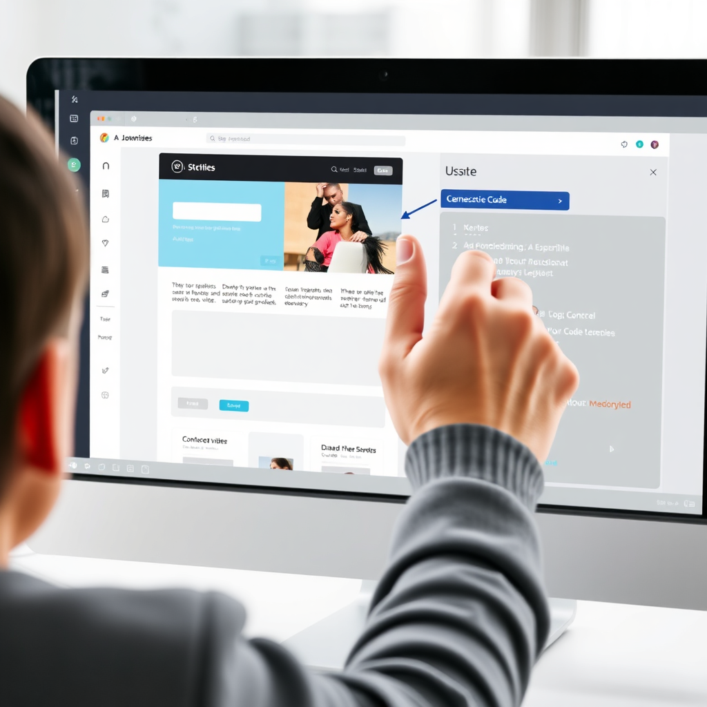  Depict a user effortlessly creating a website by dragging and dropping elements on a screen. Emphasize the intuitive nature of the interface and the absence of code. Use a clean and minimalist design to highlight the ease of use.