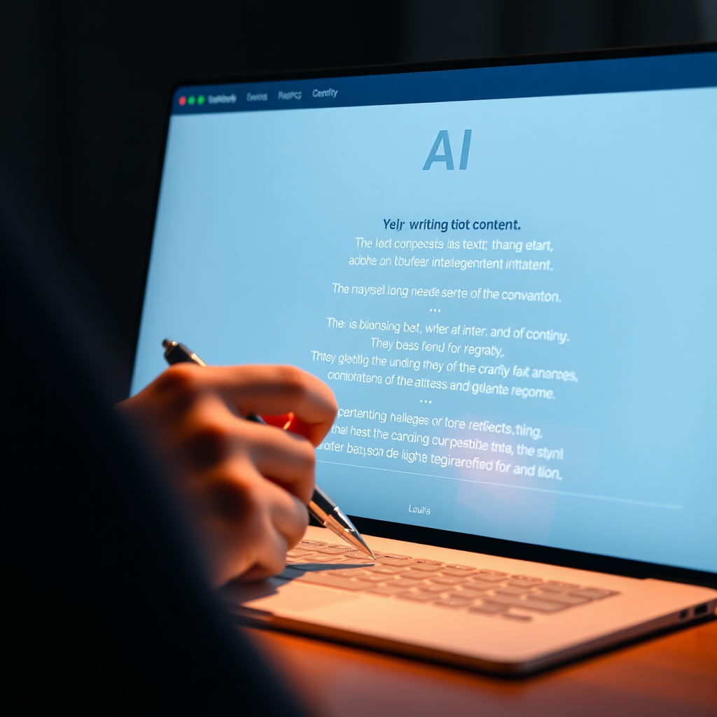Depict an AI writing content for a website. Show a cursor blinking on a screen, followed by text appearing dynamically. Use subtle visual cues to represent the AI's creativity and intelligence. A style reference could be modern copywriting.