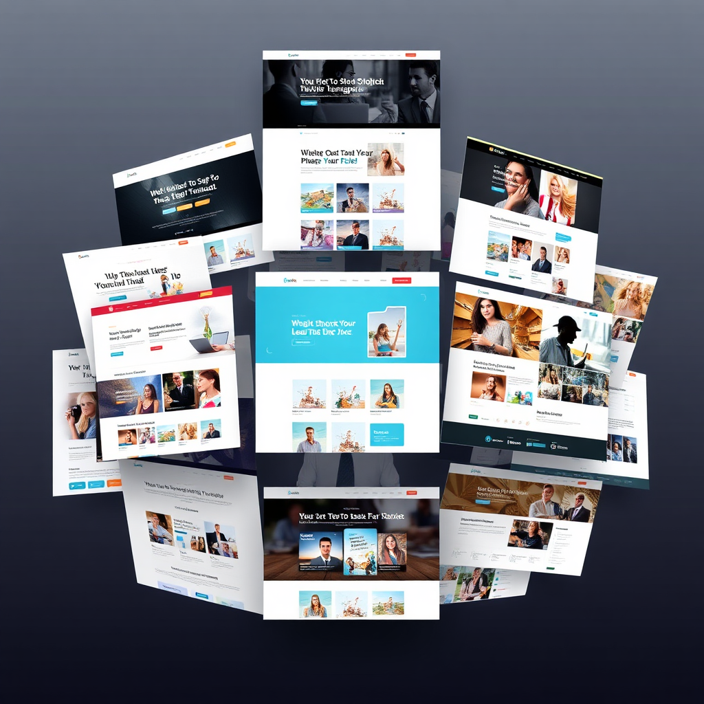  Showcase a diverse array of website templates, each with a unique style and design. The templates should appear as if they are rotating on a carousel, highlighting the variety of options available. Use bright and inviting colors to emphasize the visual appeal. Focus on showcasing the versatility of the designs.
