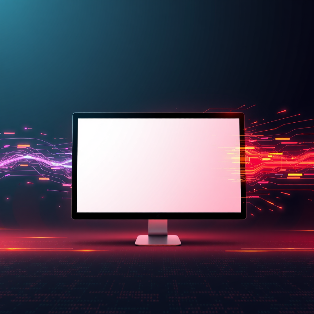  Visualize a blank canvas transforming into a fully designed website within seconds. The transition should be fluid and dynamic, showcasing the speed and efficiency of AI. Use vibrant colors and visual effects to emphasize the transformation. The background could feature subtle hints of code to represent the underlying technology. Style should be modern and futuristic.