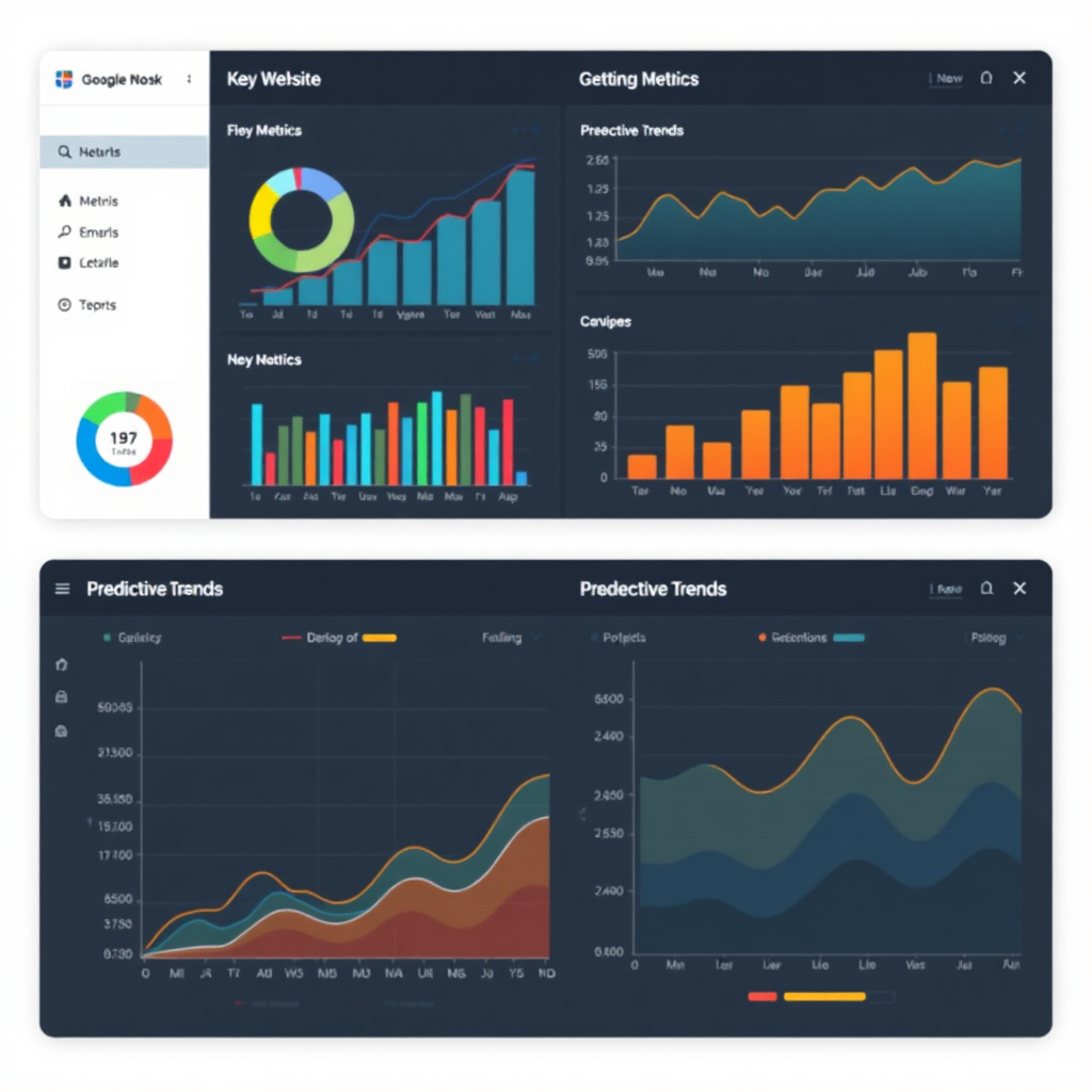 Visualize a dashboard displaying key website metrics and predictive trends. Use charts, graphs, and heatmaps to represent the data. Emphasize the actionable insights that users can gain from the analytics.