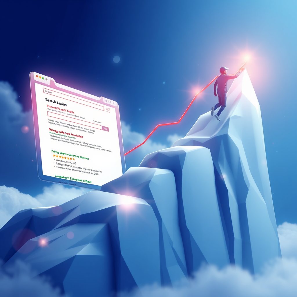 Visualize a website climbing to the top of search engine results pages. Use visual effects to represent the optimization process and the increase in visibility. Emphasize the positive impact on traffic and conversions.