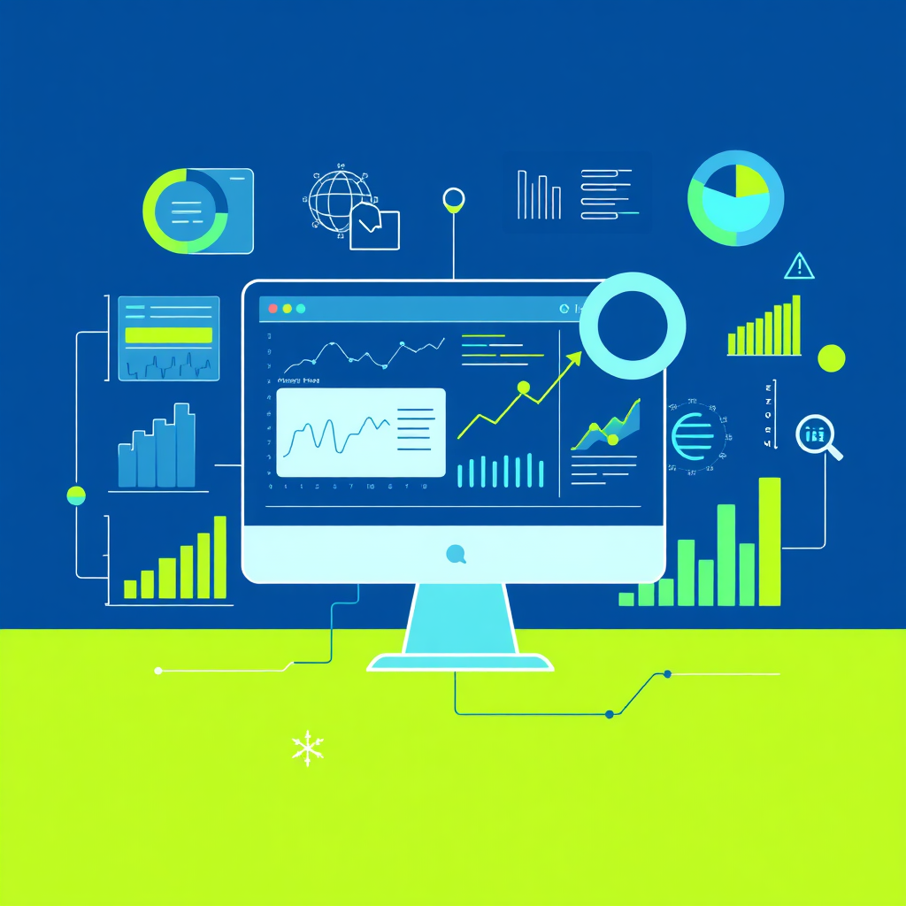 Visualize an AI interface analyzing and optimizing a website in real-time. Use graphs, charts, and data visualizations to represent the optimization process. The color palette should be predominantly blue and green, conveying efficiency and growth.
