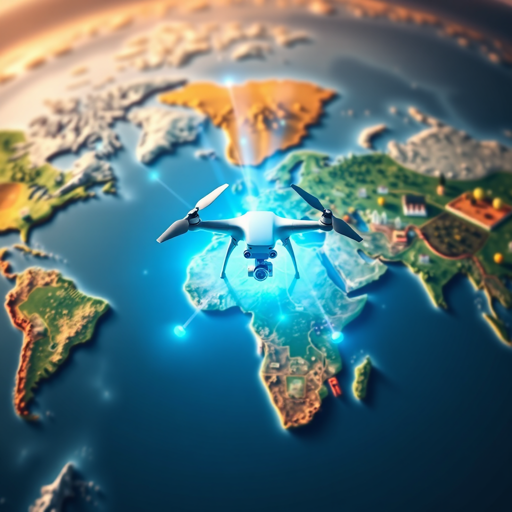 A high-quality 4K image representing the essence of Drone Footige Online. Visualize a stylized world map seen from above, created from various terrains and landscapes. A drone, positioned centrally, projects a holographic beam of light connecting different points on the map, symbolizing connection and the delivery of aerial content across the globe. The color palette consists of vibrant blues, greens, and oranges, creating a warm, inviting, and dynamic image. The lighting is soft and diffused, highlighting the details of the map and the drone. Compositionally, the image should be balanced, with the drone acting as the focal point. The style is a blend of photorealistic rendering and futuristic holographic elements, suggesting innovation and a global reach. Add subtle texture details to the landscapes to enhance the realism. The overall feeling should be inspiring and professional, reflecting the company's mission to provide exceptional drone video footage.