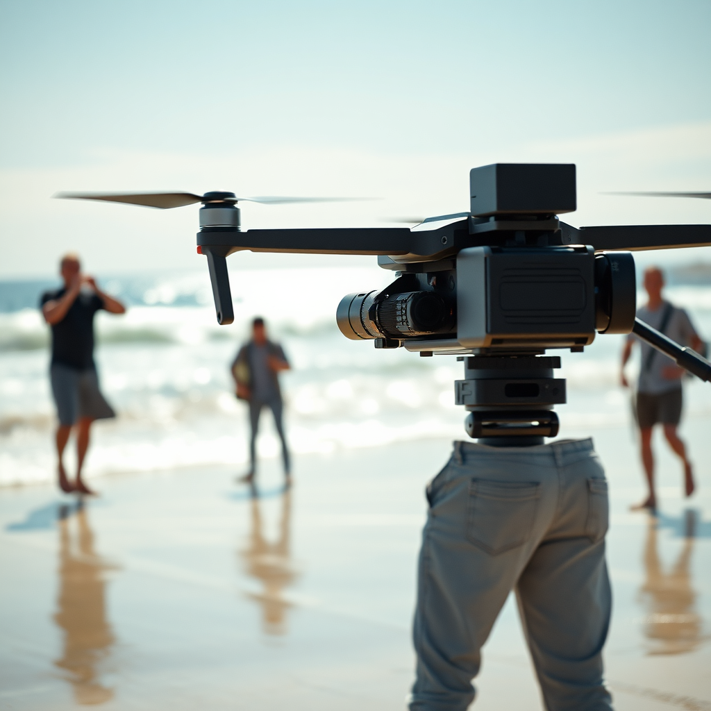 A photorealistic image of a drone filming a movie scene on a beach. Actors are performing, and the drone is capturing their movements from above. The lighting is bright and natural, and the scene is filled with energy and excitement. The overall feeling should be professional and cinematic, emphasizing the company's expertise in aerial filmmaking. Render in 4K resolution.