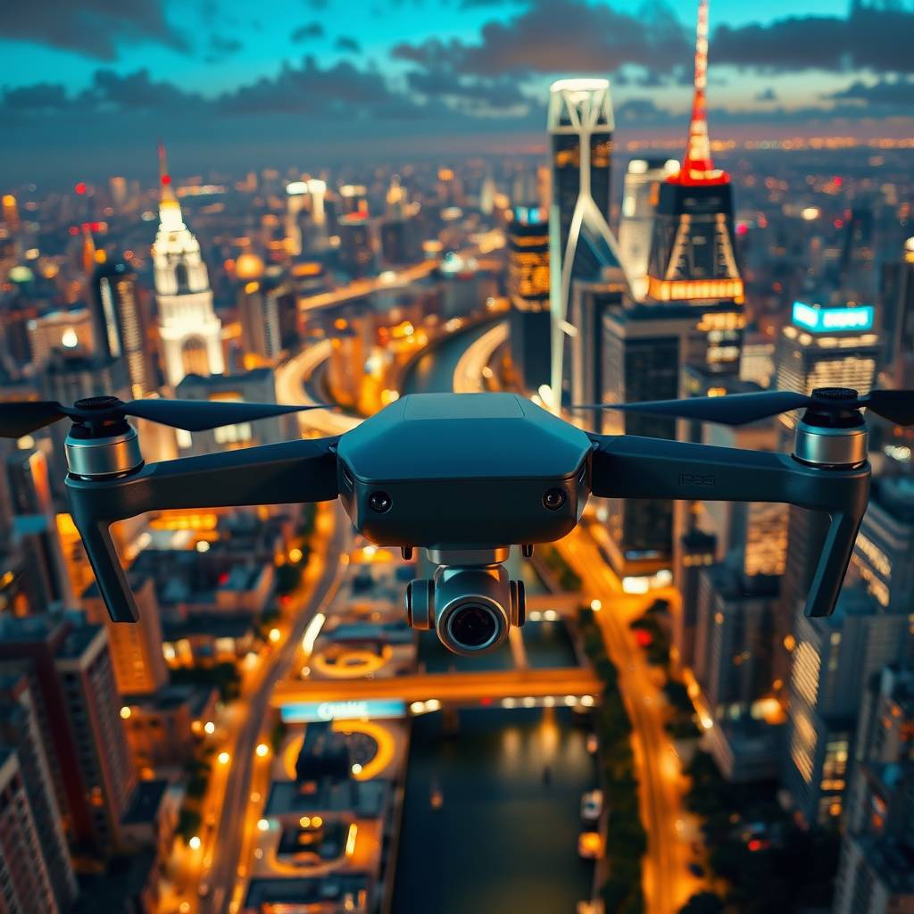 A photorealistic image of a drone flying over a brightly lit cityscape at night. Skyscrapers dominate the scene, their lights reflecting off a river winding through the city. The drone is positioned in the foreground, its camera lens capturing the vibrant urban sprawl. The lighting is dynamic, with a mix of artificial and natural light creating a sense of energy and excitement. Texture details are crucial: the smooth glass of the skyscrapers, the reflective surface of the river, and the drone's sleek design. Compositionally, the image should emphasize the density and complexity of the city, capturing its unique character from above. Render in 4K resolution.