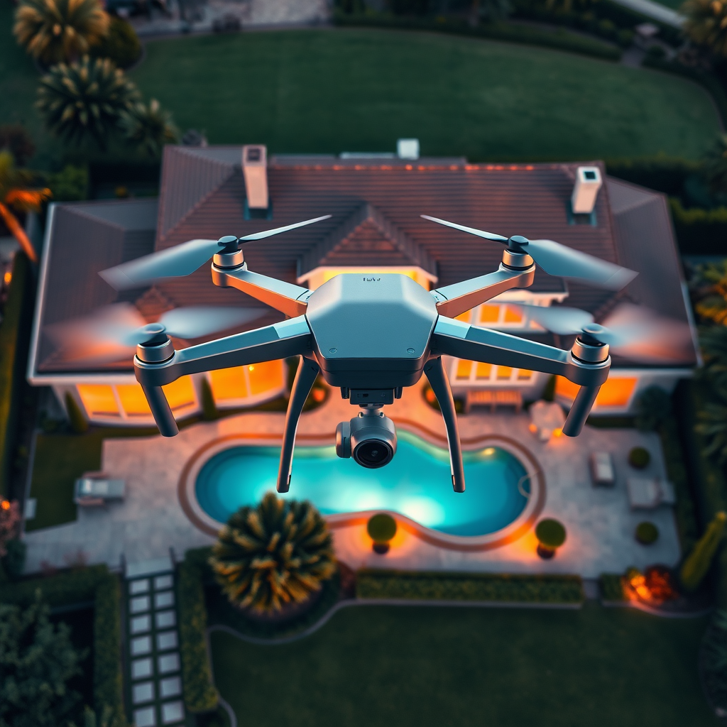 A photorealistic image of a drone capturing an aerial view of a luxurious house with a swimming pool and a well-manicured garden. The lighting is warm and inviting, and the scene is designed to showcase the property's best features. Render in 4K resolution.