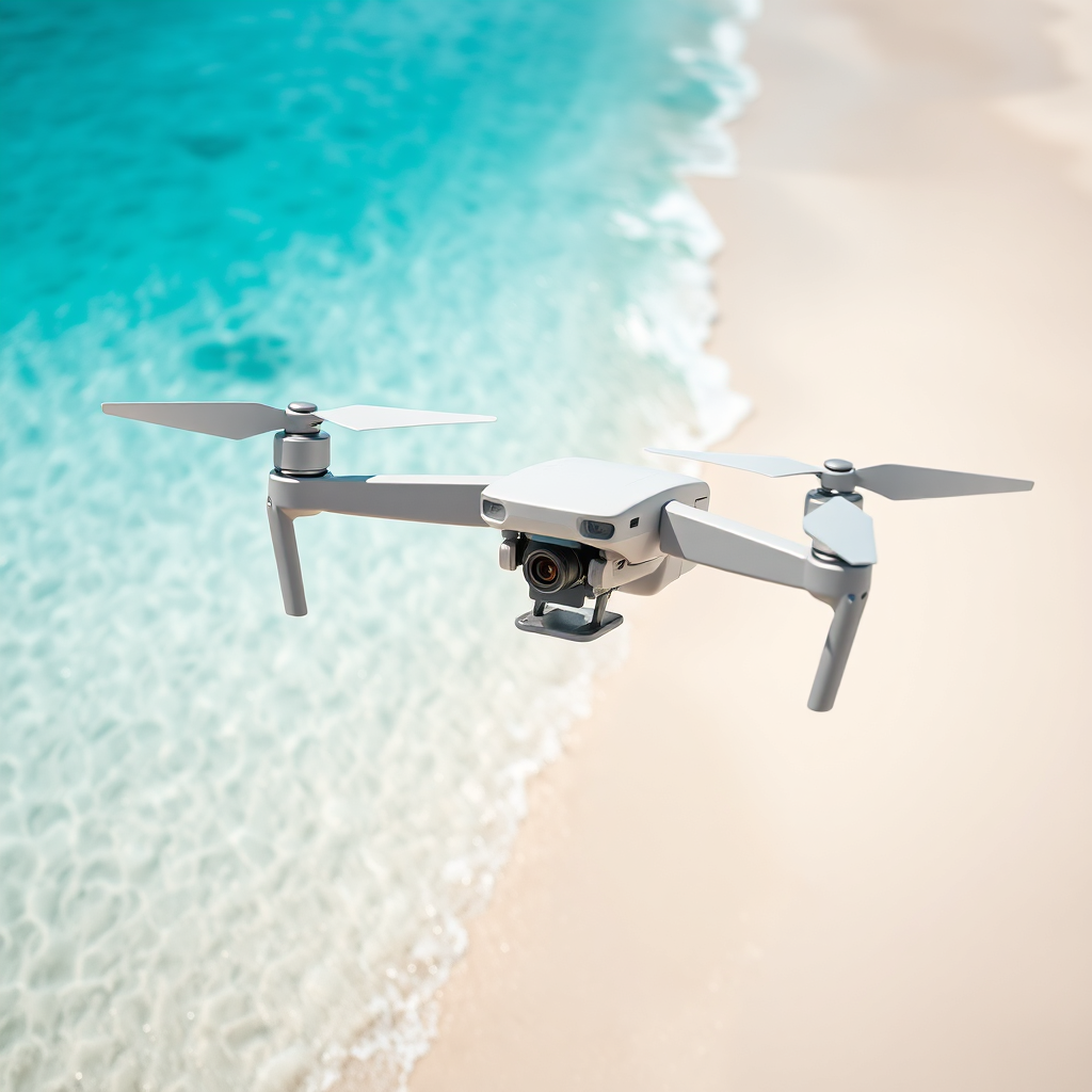 A photorealistic image of a drone hovering above a turquoise ocean, capturing footage of a pristine beach. White sand meets crystal-clear water, creating a sense of tranquility and serenity. The drone is positioned in the foreground, its camera lens pointed towards the idyllic scene. The lighting is bright and natural, highlighting the vibrant colors of the water and sand. Texture details are crucial: the soft texture of the sand, the rippling surface of the water, and the drone's streamlined body. Compositionally, the image should emphasize the vastness of the ocean and the beauty of the coastline, creating a sense of escapism and relaxation. Render in 4K resolution.