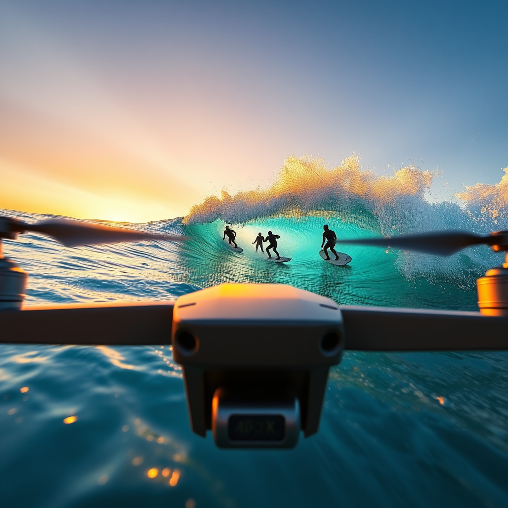 A photorealistic image showing a drone capturing a low-angle shot of a group of surfers riding a wave. The water is a vibrant blue, and the surfers are silhouetted against the setting sun. The drone is positioned close to the water, creating a dynamic and immersive perspective. The lighting is warm and golden, highlighting the energy and excitement of the scene. Texture details are crucial: the spray of the wave, the texture of the surfboards, and the drone's metallic body. Render in 4K resolution.