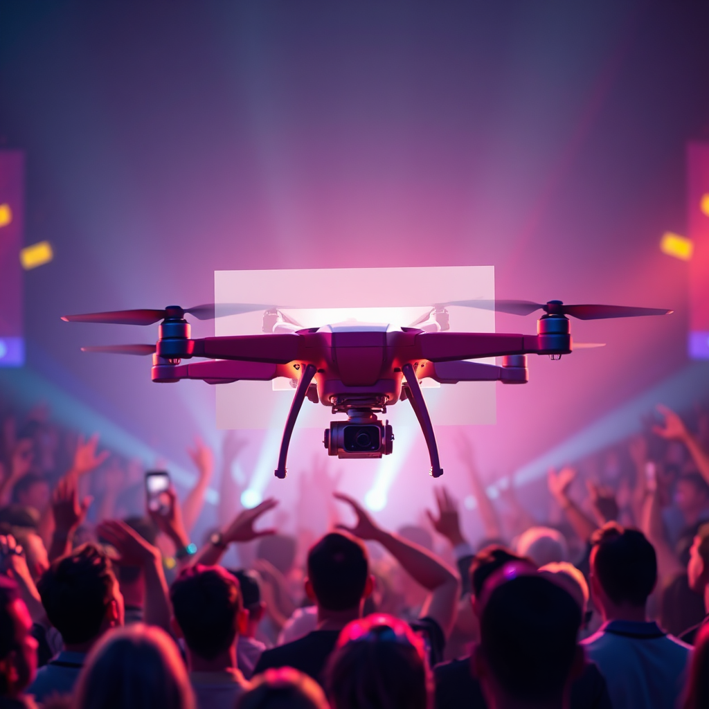 A stylized image of a drone displaying a holographic projection of a video onto a crowd. The video is vibrant and engaging, with people looking up in amazement. The drone is positioned centrally, acting as a conduit for visual storytelling. The lighting is bright and dynamic, creating a sense of excitement and wonder. The color palette is vibrant and modern, emphasizing the power of drone technology to captivate audiences. Render in 4K resolution.