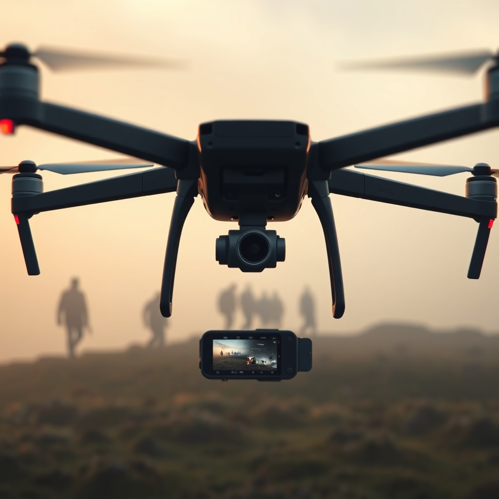 A stylized image showcasing a drone filming a cinematic scene. The drone is in the foreground, with its camera focused on a group of people walking across a misty moor. The scene is lit with a soft, diffused light, creating a moody and atmospheric feel. The color palette is muted, with greens and browns dominating the landscape. Compositionally, the image should emphasize the drone's role in capturing the scene, creating a sense of cinematic storytelling. Render in 4K resolution.