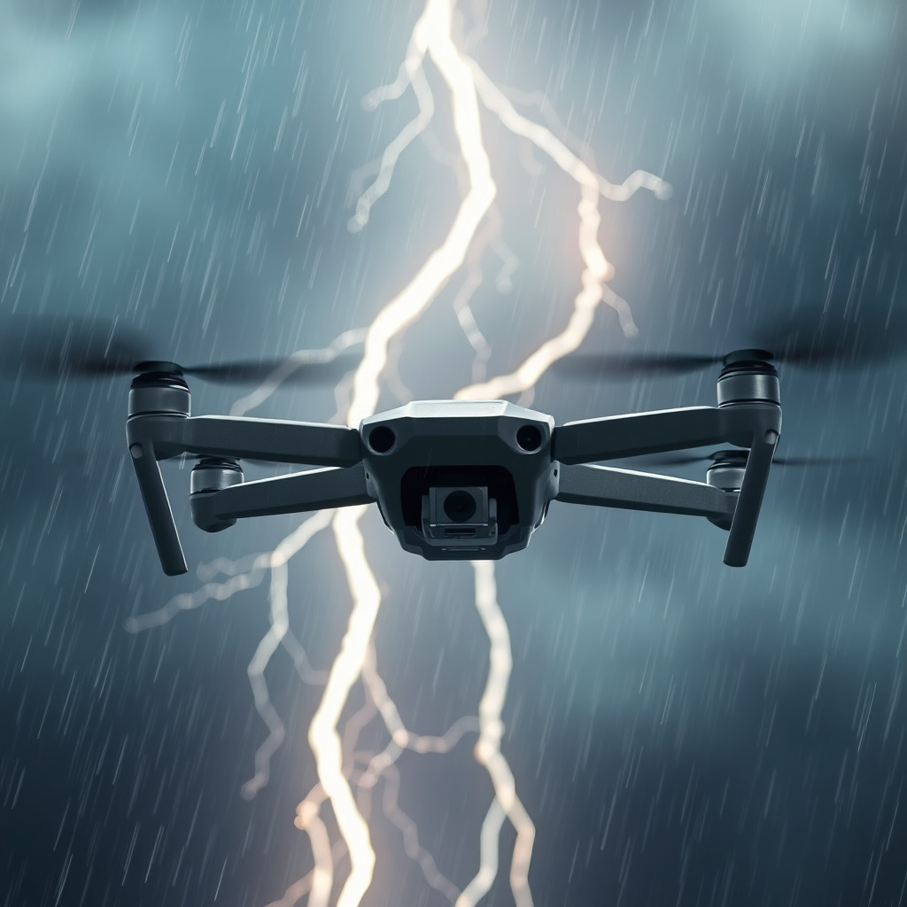 A stylized image showing a drone flying smoothly through a turbulent storm. Rain is pelting the drone, and lightning is flashing in the background. Despite the challenging conditions, the drone's camera remains steady, capturing a clear and stable image. The lighting is dramatic and intense, emphasizing the drone's ability to perform in extreme environments. Render in 4K resolution.
