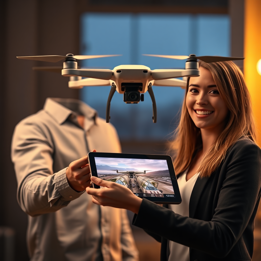 A stylized image showing a drone delivering a finished video project to a client. The client is smiling and holding a tablet displaying the aerial footage. The drone is positioned in the background, symbolizing the delivery of high-quality results. The lighting is warm and inviting, creating a sense of trust and satisfaction. The overall feeling should be professional and reliable, emphasizing the company's commitment to delivering exceptional service. Render in 4K resolution.