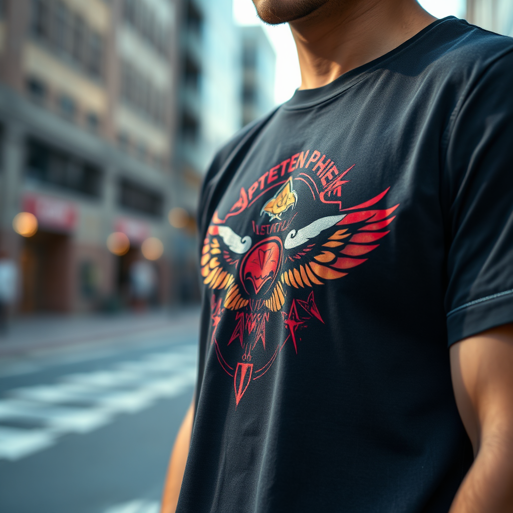  A photorealistic image featuring a close-up of a person wearing a custom-designed t-shirt. The t-shirt displays a vibrant and intricate graphic. Focus should be on the detail of the design and the texture of the fabric. The background should be softly blurred, showcasing an urban environment. Lighting should be natural and flattering. Style reference: Streetwear photography. Technical specs: 4K resolution, sharp focus, natural color grading.