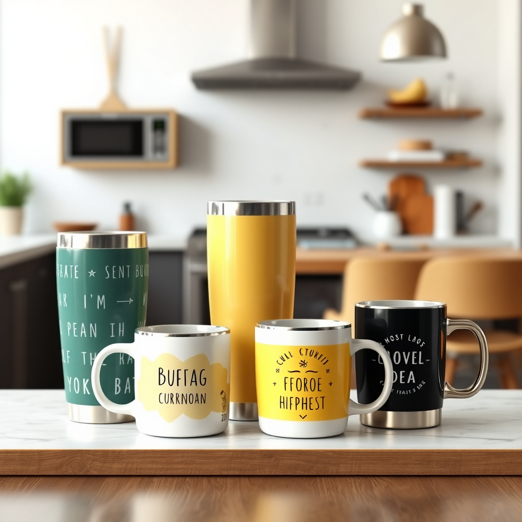 A photorealistic image featuring a collection of custom-designed tumblers and mugs. The items should be arranged artfully on a table. The background should be a modern and stylish kitchen. Lighting should be soft and natural. Style reference: Lifestyle photography. Technical specs: 4K resolution, shallow depth of field, natural lighting.