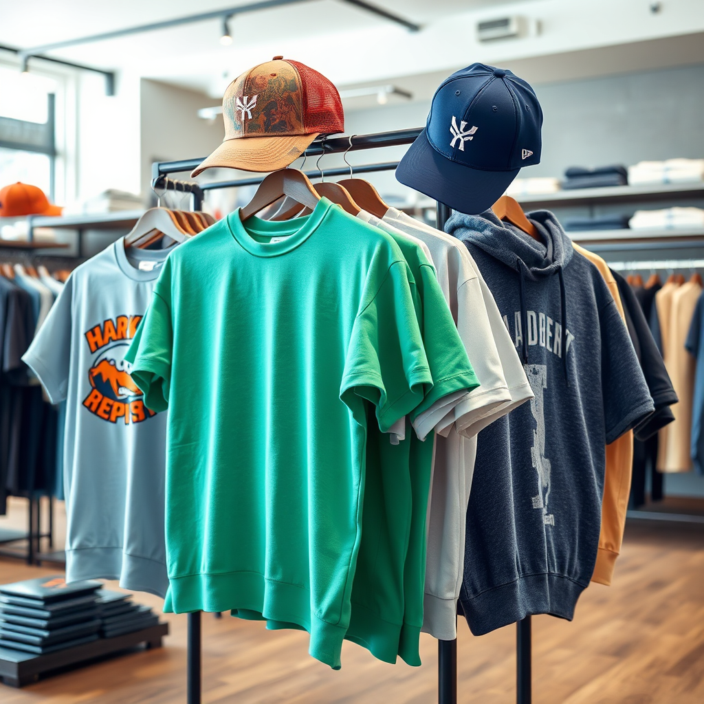 A photorealistic image showcasing a selection of custom-designed apparel items, including t-shirts, hoodies, and hats. The items should be arranged artfully on a display rack. The background should be a modern and stylish clothing store. Lighting should be bright and inviting. Style reference: Retail photography. Technical specs: 4K resolution, wide-angle lens, natural lighting.