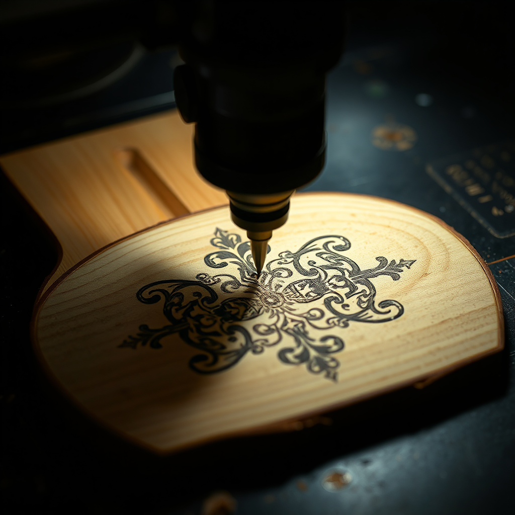 A photorealistic image showcasing a laser engraving machine in action, etching a design onto a piece of wood. The design should be intricate and detailed. The background should be dark and industrial. Lighting should be dramatic and focused. Style reference: Industrial photography. Technical specs: 4K resolution, macro lens, dramatic lighting.