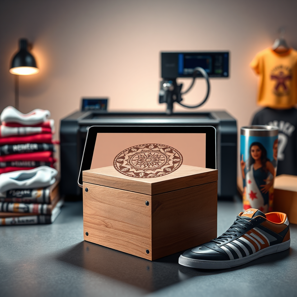 A photorealistic, ultra-high quality header image for 'CreateME Custom Designs'. The central focus is a dynamic workspace where digital design seamlessly transitions into tangible products. Envision a vibrant graphic tablet displaying a complex design, with a laser engraver meticulously etching that design onto a wooden box in the background. Flanking these are subtly blurred elements showcasing other services: a stack of custom-printed t-shirts, a collection of personalized tumblers, and a pair of creatively designed shoes. Lighting should be soft and diffused, highlighting the intricate details of each product. The color palette should be modern and vibrant, with pops of color drawing the eye. Capture the scene from a slightly elevated angle, emphasizing depth and the interconnectedness of digital design and physical creation. The environment should be clean and professional, suggesting precision and quality. Style references include modern studio photography with a touch of artistic flair. Technical specifications: 8K resolution, hyperrealistic rendering, sharp focus.