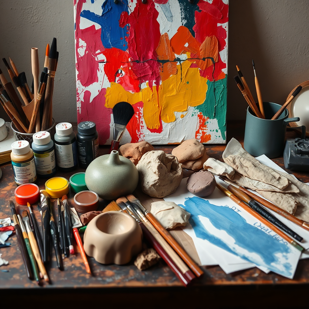 A diverse range of art supplies arranged artistically on a table: paints, brushes, clay, and paper. A partially finished abstract painting sits in the background, showcasing vibrant colors and textures. The lighting emphasizes the richness of the materials.