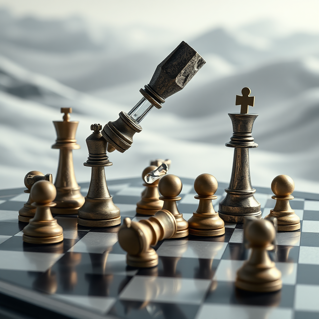 A photorealistic image of a chess board with pieces arranged in seemingly impossible configurations, defying gravity. Some pieces are made of stone, while others are made of glass, reflecting light in intriguing ways. The background is a soft, ethereal landscape. The color palette is muted and contrasted, with pops of vibrant color. Style reference: surrealism meets game theory.