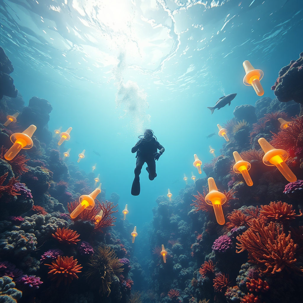 A photorealistic image of a diver swimming through a vibrant, coral reef teeming with exotic marine life and abstract glowing structures. The lighting is filtered through the water, creating a sense of mystery and wonder. The color palette is vibrant and diverse, featuring a wide range of blues, greens, and oranges. Style reference: underwater photography meets science fiction.