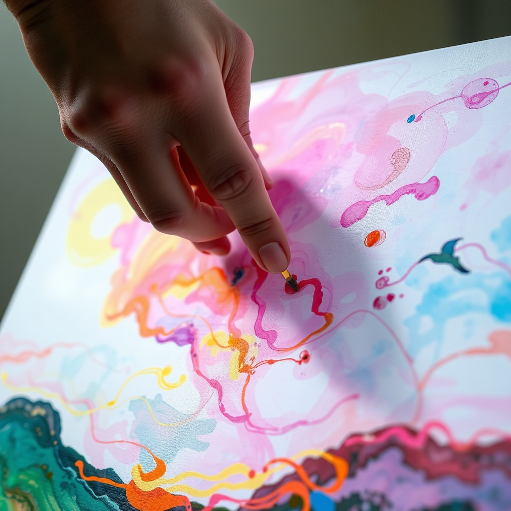 A photorealistic image of a human hand delicately painting a vibrant, abstract landscape onto a translucent canvas. The landscape features swirling colors and dreamlike imagery, representing the inner world. The lighting is soft and ethereal, highlighting the textures of the canvas and paint. Color palette: predominantly pastel colors with vibrant accents. Camera angle: close-up shot, focusing on the hand and the canvas. Style reference: impressionism with a touch of surrealism.