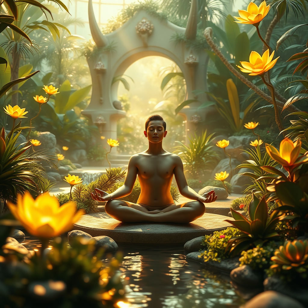 A photorealistic image of a person meditating in a lush, futuristic garden. The garden features exotic plants, glowing flowers, and flowing water features. The person is bathed in soft, golden light, exuding peace and tranquility. The color palette is predominantly green and gold. Camera angle: medium shot, capturing the person and the surrounding garden. Style reference: Biophilic design meets spiritual iconography.