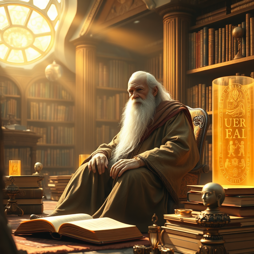 A photorealistic image of a wise old sage sitting in a futuristic library, surrounded by holographic books and ancient artifacts. The sage is bathed in soft, golden light, radiating wisdom and tranquility. The color palette is warm and inviting, featuring a range of earthy tones. Style reference: classical painting meets science fiction.