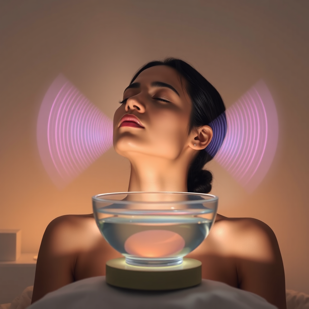 A serene individual bathed in soft light, eyes closed, as sound waves visualized as gentle, colored ripples emanate from a crystal bowl nearby. The setting is a minimalist, calming space with subtle ambient lighting. Colors should be soft pastels.