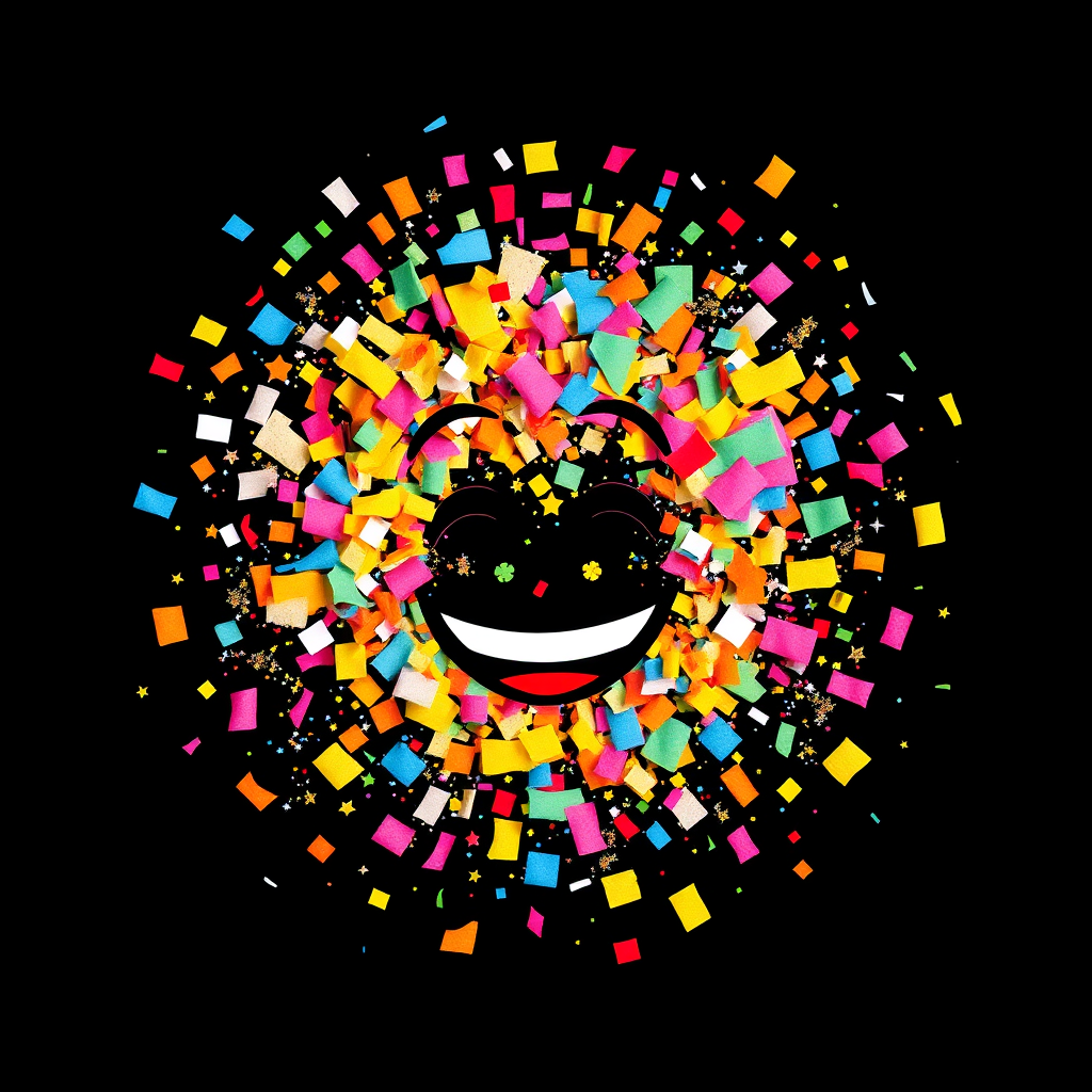 A stylized image of a burst of colorful confetti forming a laughing face. The confetti pieces are made of various materials, including paper, glitter, and light particles. The background is a dark, contrasting color. The color palette is bright and cheerful. Style reference: pop art meets particle physics.