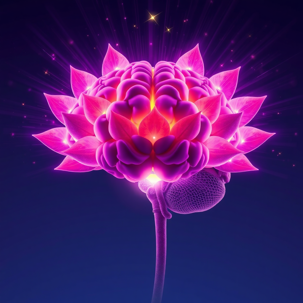 A stylized image of a human brain transforming into a vibrant, blooming flower. The flower petals are made of light and energy, radiating outwards in all directions. The color palette is predominantly purple and pink, with hints of gold and blue. Style reference: bioluminescence meets psychedelic art.