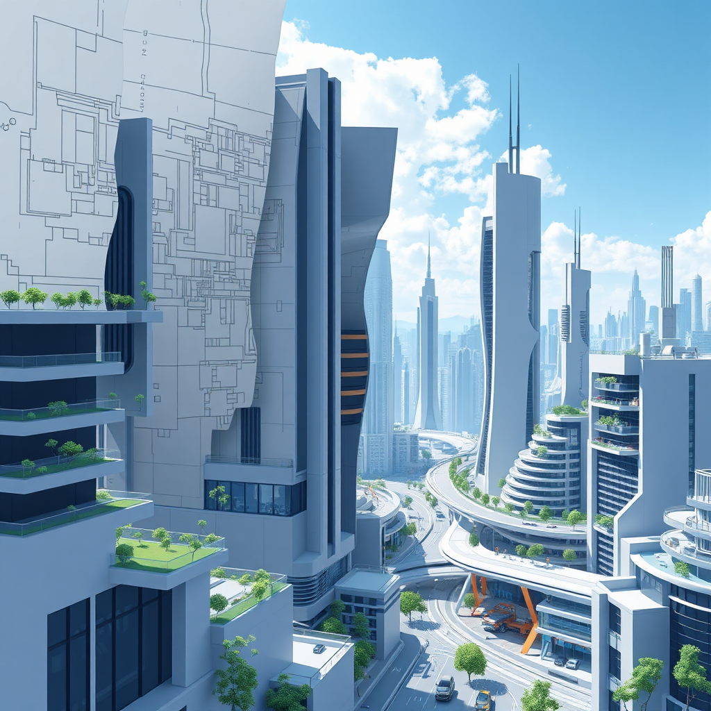 A stylized image of architectural blueprints transforming into a futuristic cityscape. The cityscape features sleek, minimalist buildings with integrated green spaces and advanced technology. The color palette is predominantly gray and blue, with pops of green and orange. Style reference: architectural rendering meets cyberpunk.