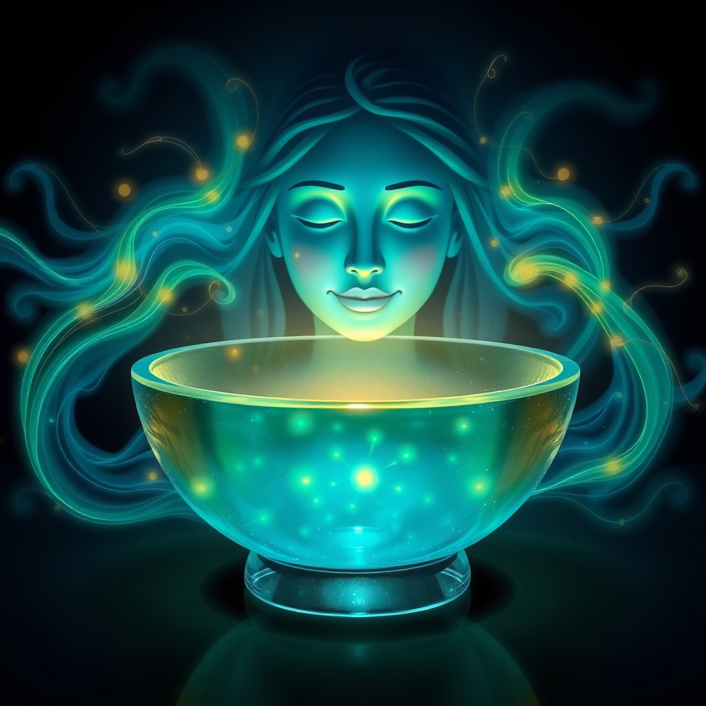 A stylized image of sound waves emanating from a crystal singing bowl. The waves are visualized as glowing, flowing energy patterns, interacting with a serene and peaceful face in the background. The color palette is predominantly blue and green, with hints of gold. Lighting should be soft and calming. Environment: a darkened room, emphasizing the glow of the sound waves. Style reference: Art Nouveau meets bioluminescence.