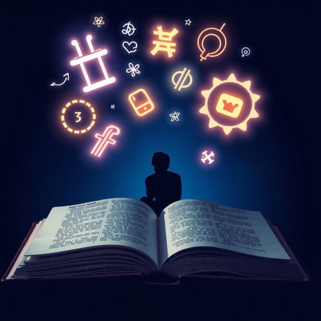 An open book with glowing symbols and abstract designs floating above it. A silhouette of a thoughtful person sits in the background, contemplating the symbols. The color palette is deep blues and purples, creating an atmosphere of intellectual curiosity.