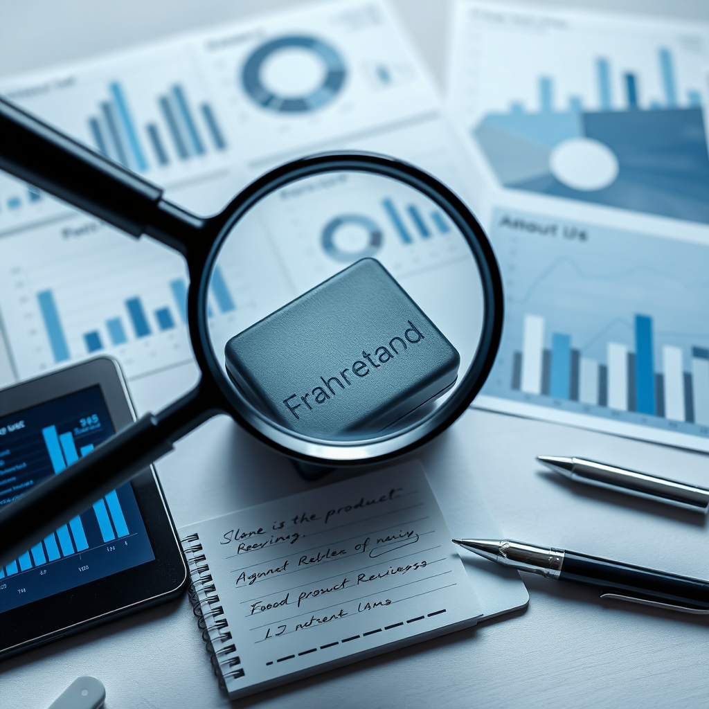 Create a photorealistic image representing the essence of "product reviews" for the About Us section. The image should feature a magnifying glass hovering over a product, surrounded by data charts and graphs. The composition should be clean and professional, with a focus on accuracy and detail. The lighting should be bright and analytical, emphasizing the thoroughness of the review process. Use a color palette of cool blues and grays to convey trust and authority. The camera angle should be slightly overhead, providing a clear view of the product and data. Texture details should include the sharpness of the magnifying glass, the clarity of the charts, and the sleekness of the product. The environment should be a modern office or research lab. Props should include a tablet displaying product specifications, a notepad with handwritten notes, and a pen. The style should be modern and minimalist, similar to corporate branding materials. Technical specs: 4K resolution, high-quality rendering.